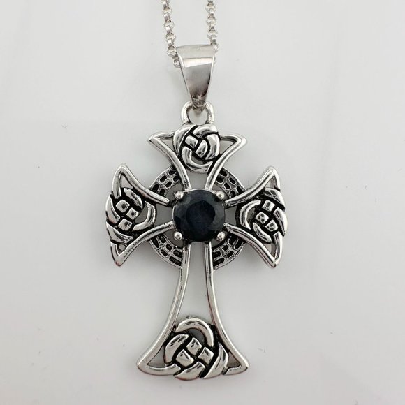 Bold Celtic Cross with Black Sapphire Center - Sterling Silver with 18" Chain - Picture 2 of 9